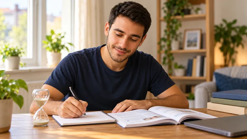 Un adulto estudia con un cuaderno y un libro; un reloj de arena representa el tiempo de aprendizaje.