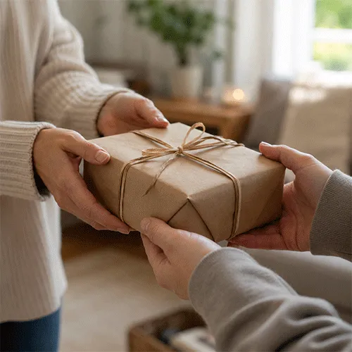 Una persona entrega un regalo a otra, ejemplo de dar algo a alguien.